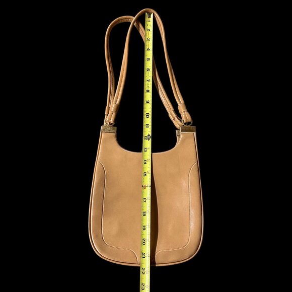Vintage Purse Vinyl Shoulder Bag Double Strap Beige Tan 1960s Retro Fashion - Picture 9 of 10